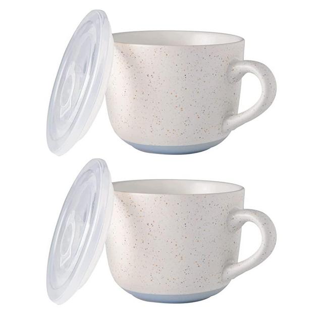 AmorArc Ceramic Soup Mugs with Lid, 24 oz Soup Cups with Handle for Coffee,Cereal,Salad,Noodles,Tea,Soup Bowls Cups,Microwave &Dishwasher Safe, Set of 2,Speckled Outside with Vented Lids