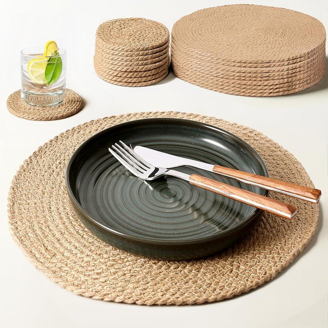 Woven Placemats and Coasters, Natural Jute Placemats Set of 8, Handcrafted Wicker Round Placemats, Rattan Placemats for Dining Table, Farmhouse, Outdoor, and Natural Style Dining (13 Inch)
