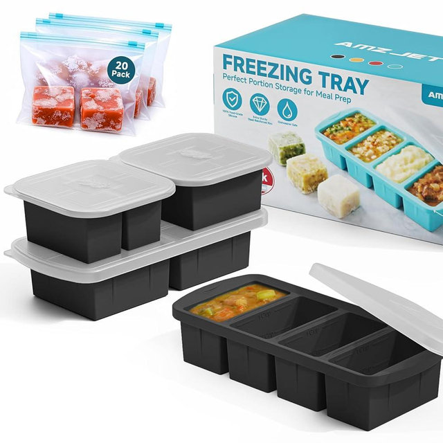 4 Pack Silicone Freezer Trays with Lid - Multi-Size 1-Cup & 2-Cup Portions, Food-Grade Silicone Freezer Molds for Soup & Meal Prep - Large Freezer Storage Containers, Oven & Dishwasher Safe - Black