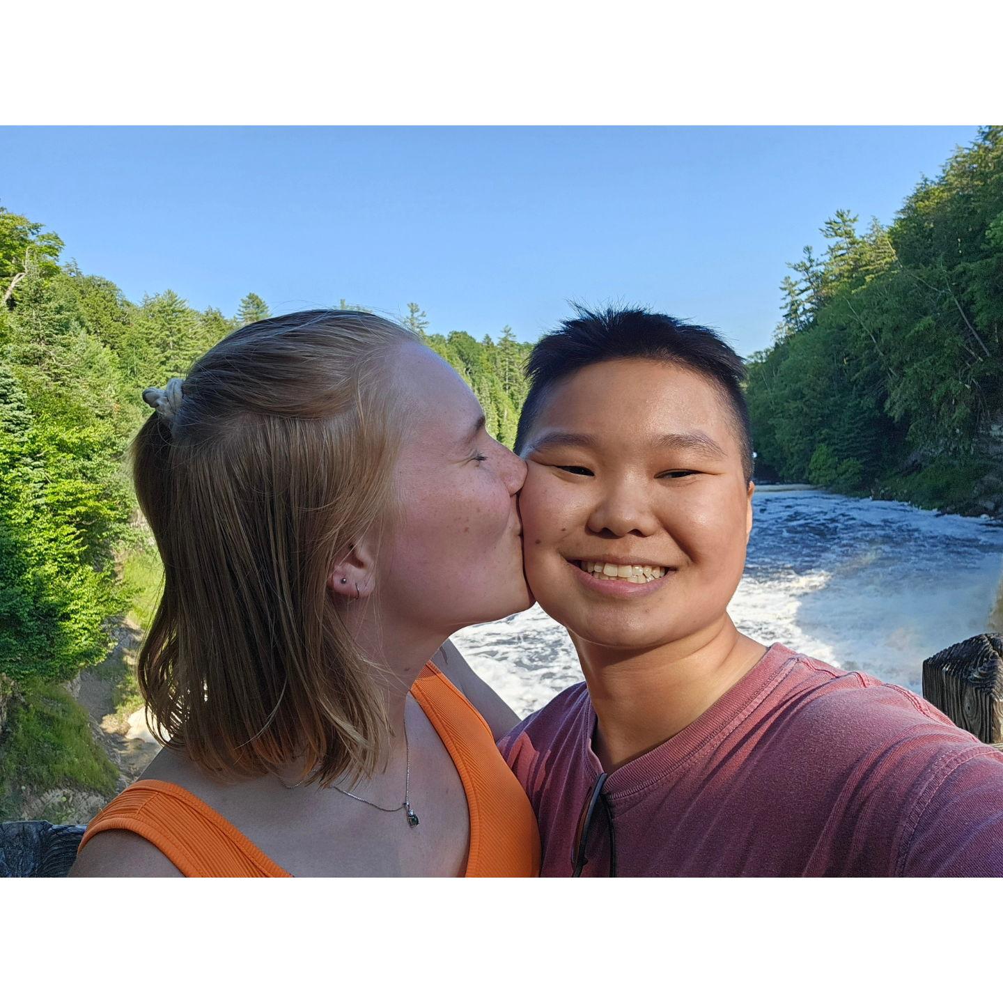 In front of the upper falls at Tahquamenon Falls State Park.