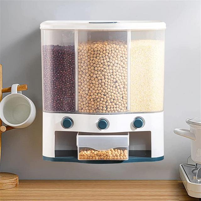 DYRABREST Rice Kitchen Dry Food Automatic Rice Dispenser Storage Container 3-Grid Square Wall Mount, 6L Capacity for Millet, Black Rice, Corn, Soybeans, Grains, Food Pets