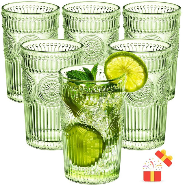 megarte Vintage Drinking Glasses Set - 12 Oz Romantic Embossed Glassware - Premium Glass Cocktail Cups for Water Juice Tea Beverage - Set of 6 - Green