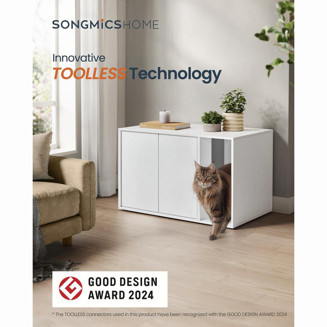 SONGMICS HOME Superfast Toolless Assembly, Cat Litter Box Enclosure, Cat House, for Large Cats, Push-to-Open Doors, Minimalist Modern, White