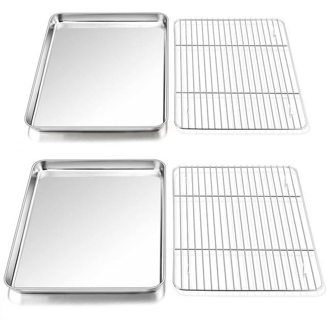 P&P CHEF Baking Sheets and Racks Set (2 Sheet + 2 Rack), Stainless Steel Baking Pan Cookie Sheet with Cooling Rack, Size 16''x12''x1'', Non Toxic & Healthy & Easy Clean
