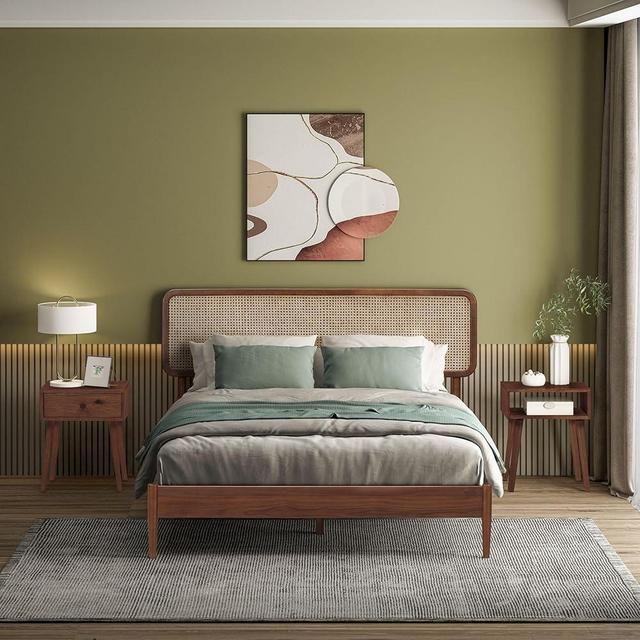 NTC Lupin Wooden Bed Frame with Headboard and Natural Rattan, Solid Oak/Rubber Wood Foundation with Silent Slats, 1000 Lb Capacity, Effortless Assembly (Natural Cane - Dark Walnut, Queen)