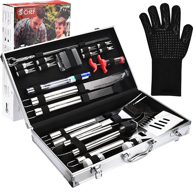 Commercial Chef BBQ Grill Set with Meat Fork, Meat Thermometer, and All Necessary Grill Accessories - 25 PCS BBQ Grilling Tools for Smoker, Camping, Kitchen, Barbecue and Ideal Mens Gift
