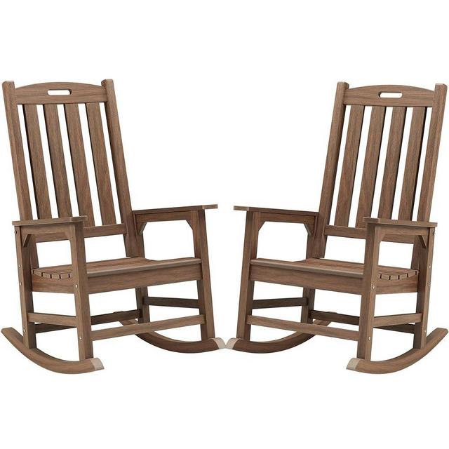 Psilvam Outdoor Rocking Chair Set of 2, Poly Lumber Oversized Rocking Chair with 21" Wide Seat and 32" Tall Backrest, Pre-Assembled with Most Components for Effortless Installation(Bright Brown)