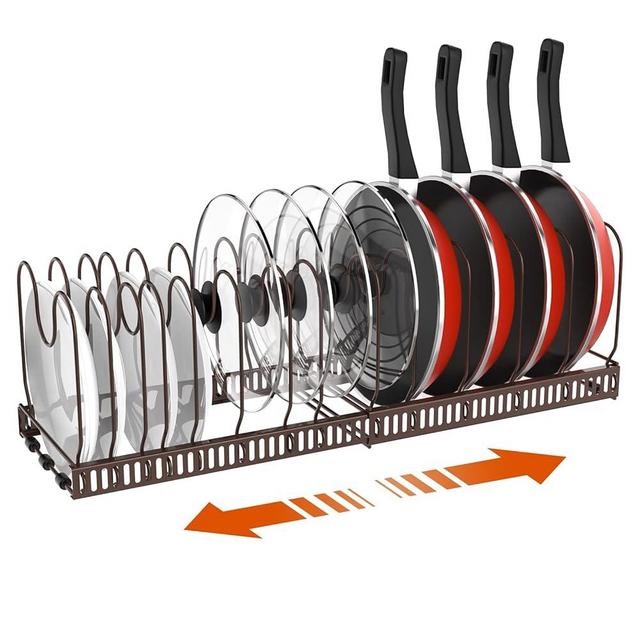 Housolution Pot and Pan Organizer Rack for Cabinet, Expandable Pot Lid Organizer with 14 Adjustable Dividers, Pan Holder Storage Rack for Kitchen Cabinet, Bronze