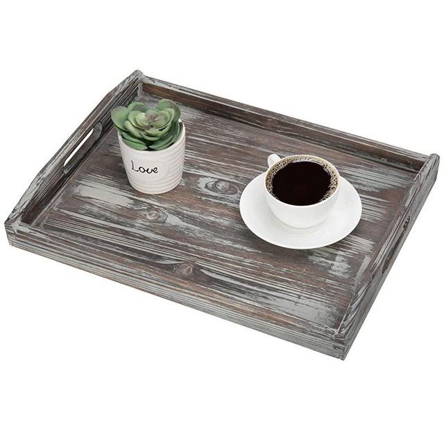 MyGift 16 x 12 Inch Rustic Torched Wood Breakfast Serving Tray with Cutout Handles