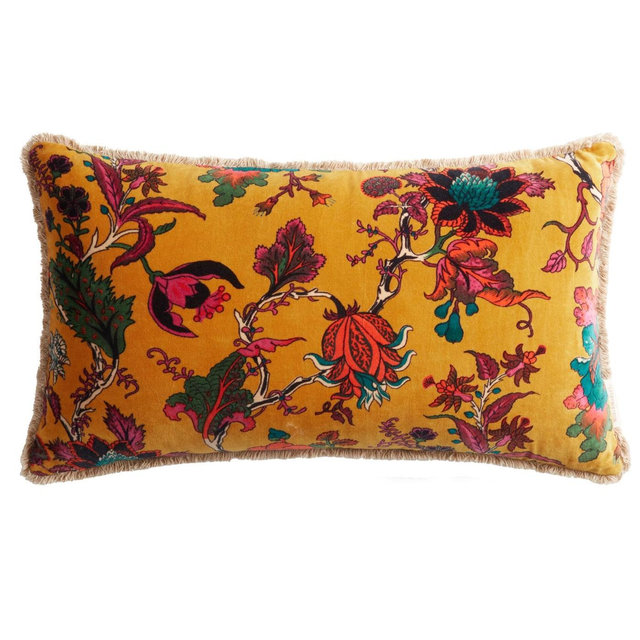 Bright Gold Velvet Floral Lumbar Pillow