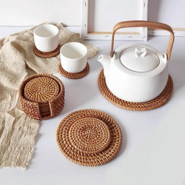 Coasters Set, Rattan Wood Coasters, Cute Record Coasters, Wicker Cork Coaster, Funny Coasters Placemat, 6 Coasters with Holder, 4in Diameter