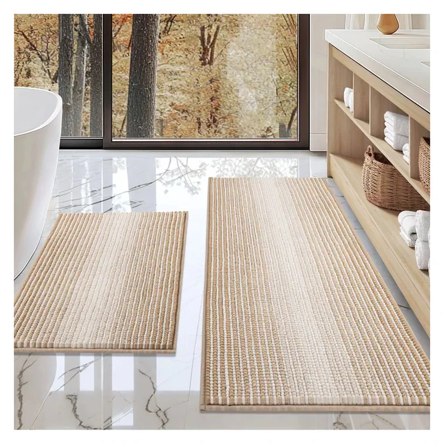 Thick Chenille Bathroom Rugs Sets 2 Piece, 20" x 47" and 16"x 24" Absorbent & Non-Skid Bathroom Rug Set - Beige
