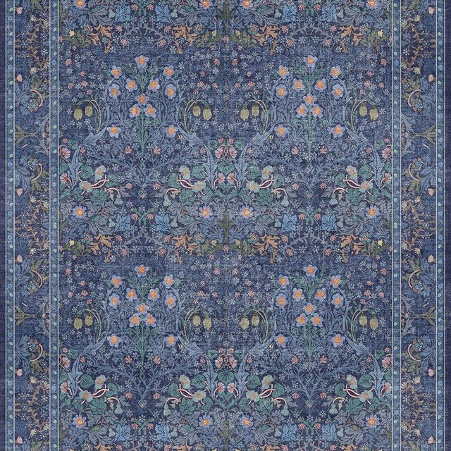 Washable Dark Blue Rug for Living Room - 9x12 Large Area Rug for Dining Room Under Table, Bedroom, Soft Low Pile Non-Slip Stain Resistant Carpet - Vintage Navy Floral Design