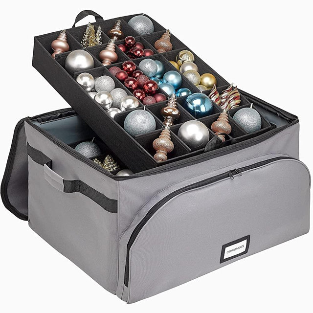 Premium Christmas Ornament Storage Box - Heavy Duty 600D/ Inside PVC Liner for Maximum Durability - Holds Up to 72 - 4” Ornaments, Self-Standing Frame for Added Strength – Adjustable Compartments – Gray
