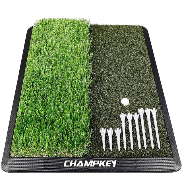 CHAMPKEY Dual-Turf Golf Hitting Mat | Come with 9 Golf Tees & 1 Rubber Tee | Heavy Duty Rubber Backing Golf Practice Mat Ideal for Indoor & Outdoor Training