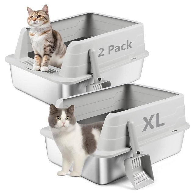 Bartuke 2 Pack Stainless Steel Litter Box, XL 22.9”x15”x 10.3” High Sided Metal Cat Litter Tray with Scoop, Cat Litter Box for Anti-Splash, Odor Control, Non-Sticky, Easy to Clean (Light Grey)
