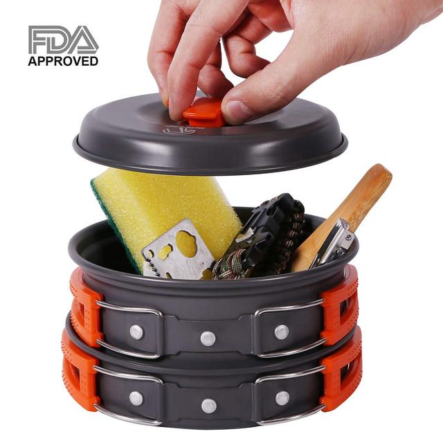 REDCAMP 13 PCS Camping Cookware Mess Kit, Lightweight, Compact and Folding Backpacking Cooking Set for Hiking, Picnic and Camping, Anodized Aluminum Camping Pots and Pans Set