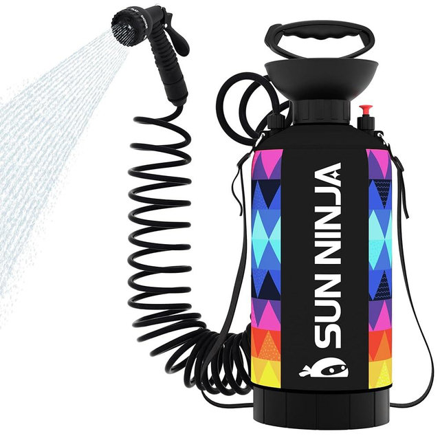 SUN NINJA Portable Shower, Camping Shower with 7 Mode Shower Head, Neoprene Cover Helps Keep Water Warm, High Pressure Hose, Easy to Carry