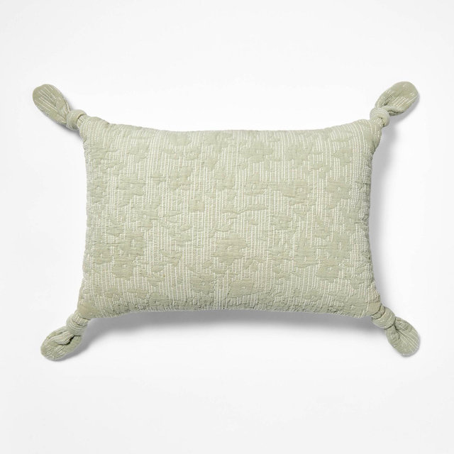 Lumbar Floral Jacquard Pillow with Corner Ties Green - Threshold designed with Studio McGee