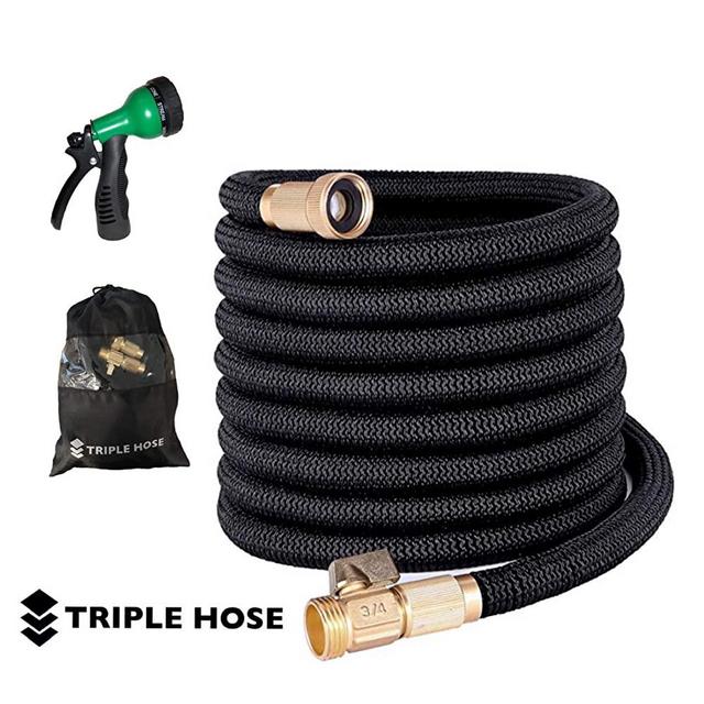 Triple Hose Garden Hose | Strongest Expandable Hose Triple Layer Latex Core | ¾” Solid Brass Shut Off Valve | Heavy Duty Nylon Outer Cover | Flexible Expanding Hose | Storage | Gift Bag (50, Black)