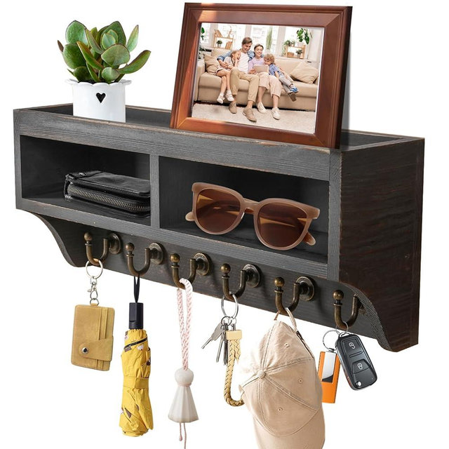 Key Holder Wall Mount - Mail Organizer Wall Mount with 6 Key Hooks and Storage Box for Sunglasses Storage and Dog Leash Holder Home Decor Rack Apartment Farmhouse Shelf Entryway Organizer (Black)