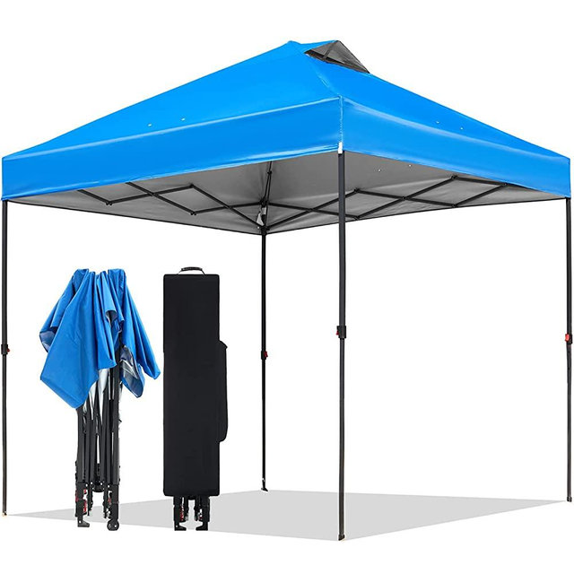 Tunbne 10'x10' Pop Up Canopy Tent Shade Canopy for Parties Outside Outdoor 1-Person Setup with Wheeled Frame and Storage Bag, 8 Stakes, 4 Ropes (Blue)