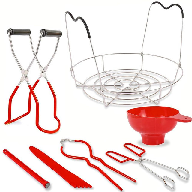 Canning Supplies Starter Kit - 7 Pieces Stainless Steel Canning Set Tools: Steamer Rack,Canning Funnel,Jar Lifter,Wrench, Tongs,Lid Lifter/Bubble Remover Tool, for Canner/Pot, Beginner (Red)