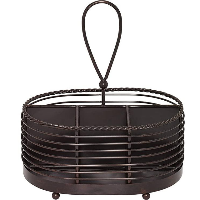 Gourmet Basics by Mikasa 5153172 Rope Metal Tabletop Flatware and Napkin Picnic Caddy, 10", Antique Black