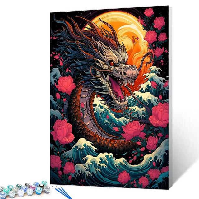 Magical Dragon Painting Animal/Wildlife Paint by Number Kits 16 x 20 inch Canvas DIY Oil Acrylic Pink Flowers Seascape Painting for Kids Adults Beginner with Brushes Office Full Moon Gift(DIY Frame)