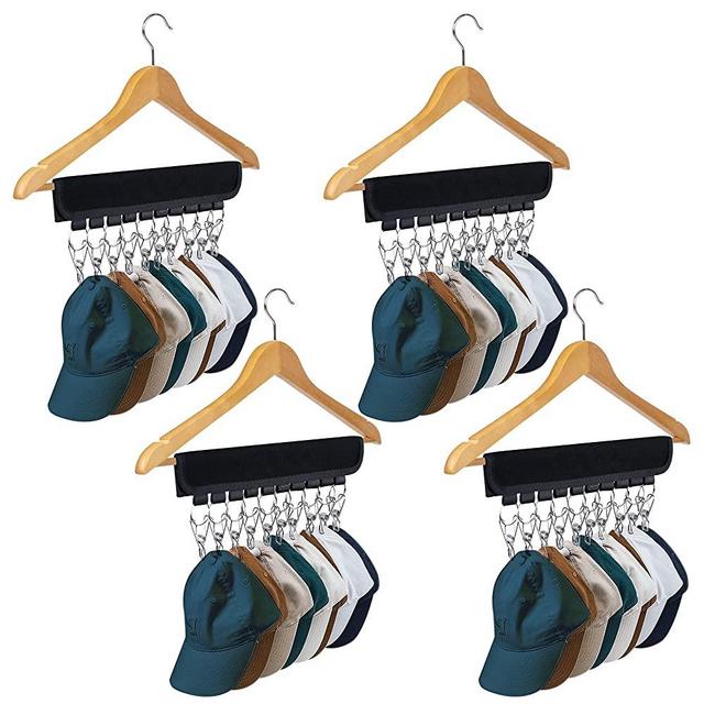 UCOMELY Hat Organizer Holder for Hanger & Room Closet, 4Pack 10 Large Stainless Steel Hat Storage Clips, for Hang Baseball Hats, Ball Caps, Winter Beanie & Accessories, Fits All Size Hangers (4PC Black)