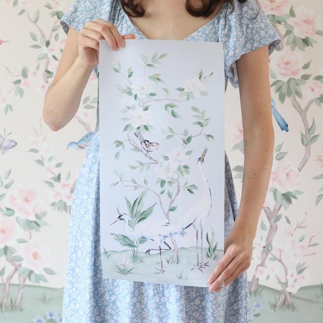 Cranes And Gardenias, A Light Blue Chinoiserie Fine Art Print