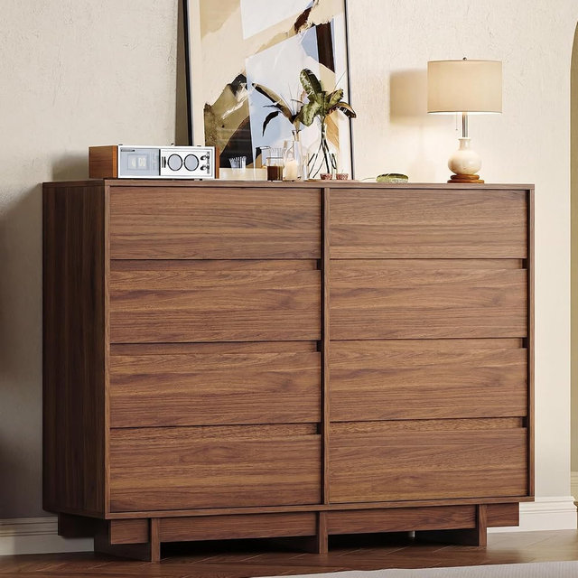 HOUROM Walnut Dresser for Bedroom with 8 Drawers,53" Wide Modern Dressers Chest of Drawers,Sturdy Base,Minimalist Linear Design,Wooden Closet Clothes Organizer for Bedroom,Hallway
