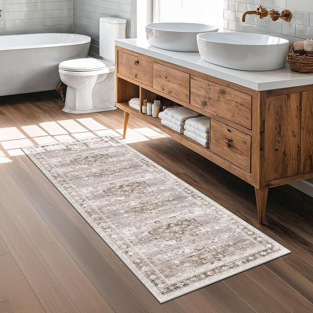 Hazo Haus Boho Bathroom Rug 2x5 Runner, Neutral Farmhouse Kitchen Rugs, Small Throw Runners for Laundry Room Bedroom, Vintage Floral Décor, Non-Slip Low-Pile Washable Stain Resistant Beige Latte
