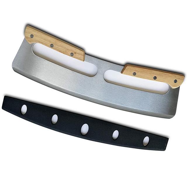 Pizza Cutter,Stainless Steel Rocker Knife With Wooden Handle & Plastic Cover - 14 Inch,Large