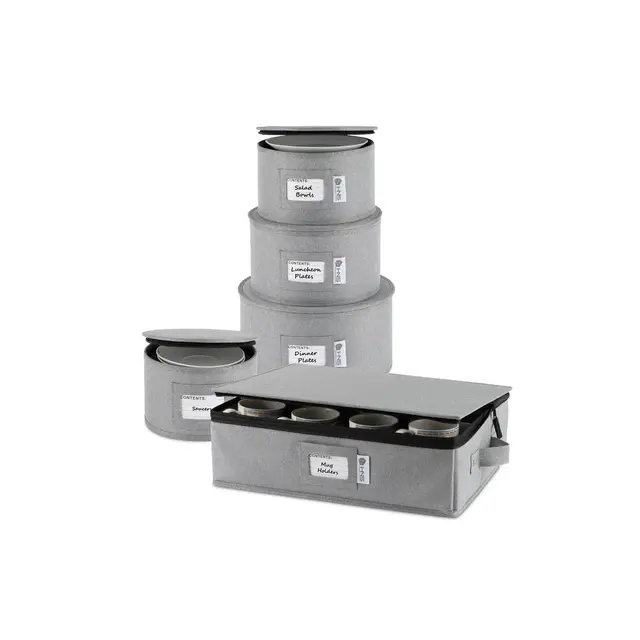 Hard Shell China Storage Containers 5-Piece Set Moving Boxes for Dinnerware, Glasses, Plates, Mugs and Saucers - Service for 12 - Gray