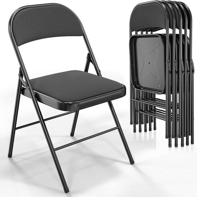 VINGLI Folding Chairs with Padded Seats, Metal Frame with Fabric Seat & Back, Capacity 350 lbs, Black, Set of 6