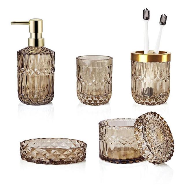 LaMarriti Brown Bathroom Accessories Set Complete, Clear Glass Bathroom Accessories, Hand Soap Dispenser, Soap Dish, Toothbrush Holder Set, Qtip Holder, Vintage Bathroom Decor