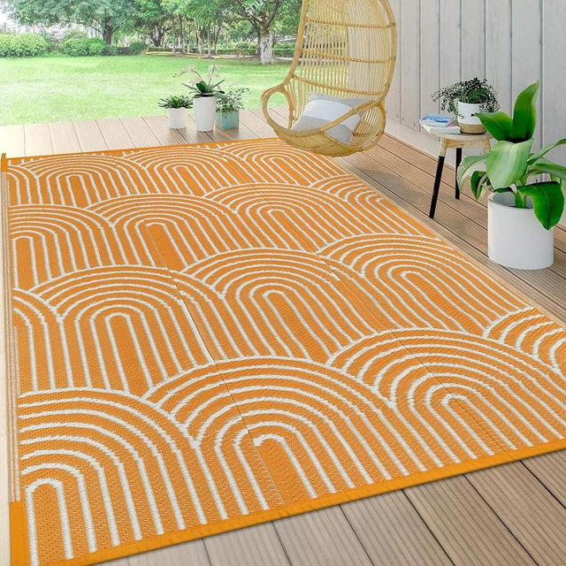 Lahome Outdoor Area Rugs 8x10 Waterproof, Plastic Reversible Rv Mats for Outside, Portable Lightweight Camping Carpet for Beach Backyard Garden (Rainbow Orange, 8'x10')