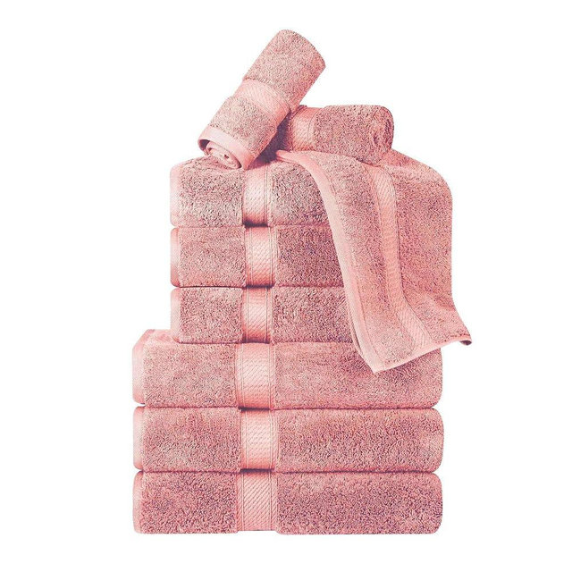 BNM Egyptian Cotton Heavyweight Towels, Ideal For Bathroom, Shower, Spa, Hotel, 800 GSM, Face/ Washcloths, Hand Towels, Bath Towels, Highly-Absorbent, Luxury Basics, 9 Piece Towel Set, Tea Rose Pink