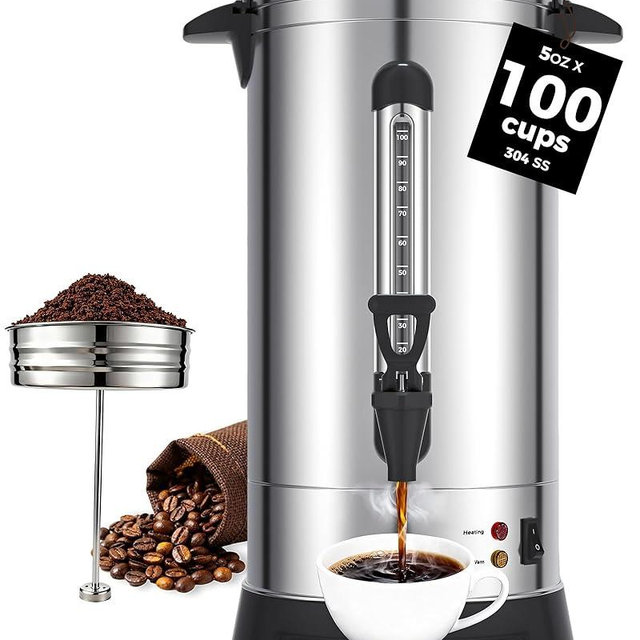 OSTBA 1500W Commercial Coffee Urn 100 Cup / 15L Large Percolator Coffee Pot, 304 Stainless Steel Double-Wall Hot Water Dispenser Electric Coffee Maker Fast Brewing for Catering, Parties & Events