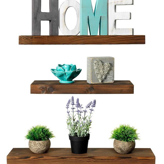 Mark One Home Goods - Rustic Farmhouse 3 Tier Floating Wood Shelf - Floating Wall Shelves (Set of 3), Hardware and Fasteners Included (Walnut, 3 Tier)
