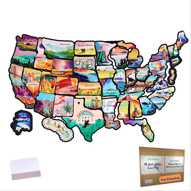 ACIMONE RV State Travel USA Map Sticker, 11 ⅘“ x 15 ¾” Visited States Sticker Decals for Outdoors & Indoors- Road Trip America Map of United States - Waterproof, Fade-Resistant, for Door or Wall