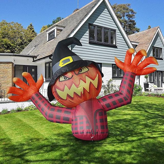 COMIN Halloween Inflatable Evil Pumpkin Ghost Farmer with Wizard Hat 4-Foot Blow Up Decoration with Built-in Led Light, Indoor/Outdoor, Yard, Lawn, Patio, Garden Halloween Blow Up Party Décor