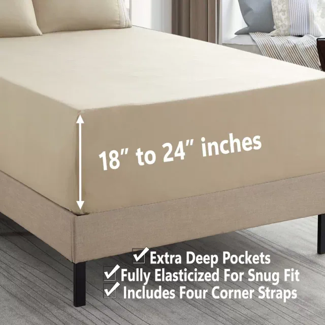 18"-24" Extra Deep Pocket, 4-Piece Bed Sheets Set - King, Beige