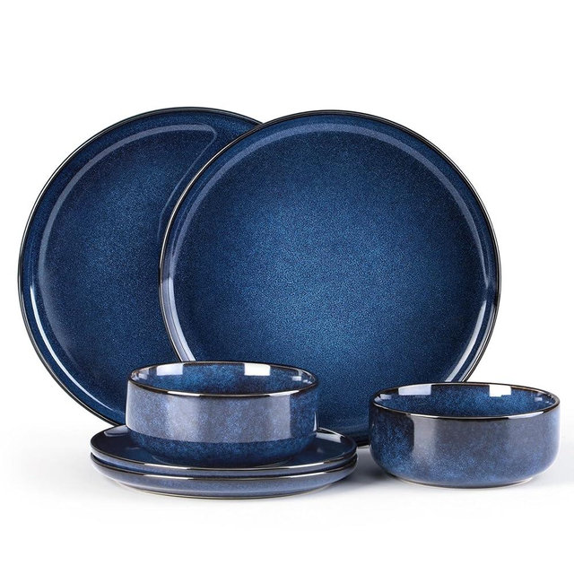 E-far Dinnerware Sets for 2, 6-Piece Stoneware Plates and Bowls Set, Ceramic Dishes Reactive Glaze Dinning Ware, Microwave & Dishwasher Safe - Deep Sea Blue