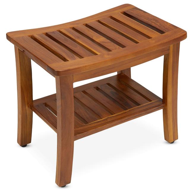 TeakCraft Teak Shower Bench with Shelf 21 Inch, Fully Assembled Teak Wood Shower Stool Spa, Shower Bench for Elderly,The Hermod