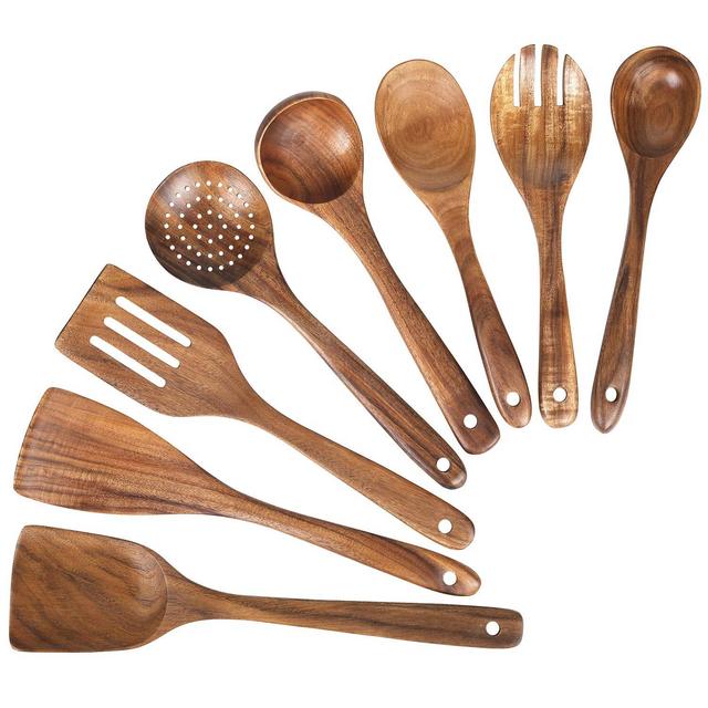 Wooden Spoons for Cooking, Kitchen Utensils Set, Natural Teak Wood Spoon and Spatula for High Heat Stirring, Baking, Non Stick Pots and Pans,Cooking Spoons Wooden Spatula for Nonstick Cookware (8)