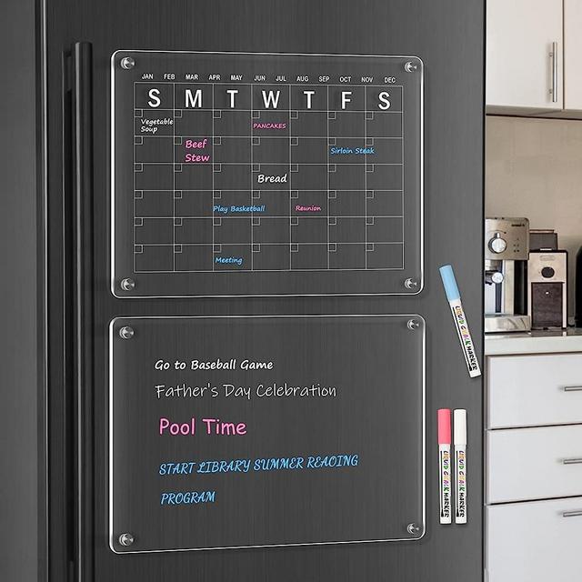 Acrylic Magnetic Dry Erase Calendar Board, WALGLASS Monthly Calendar Planner Board for Refrigerator, Set of 2 Stronger-Magnetic Reusable Fridge Planner, Includes 3 Liquid Chalk Markers