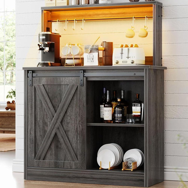 Homieasy Farmhouse Coffee Bar Cabinet with Charging Station & Led Lights, Charming Buffet Cabinet with Hutch, Customizable Storage with Barn Door Style, Perfect for Kitchen, Living Room, Black Oak