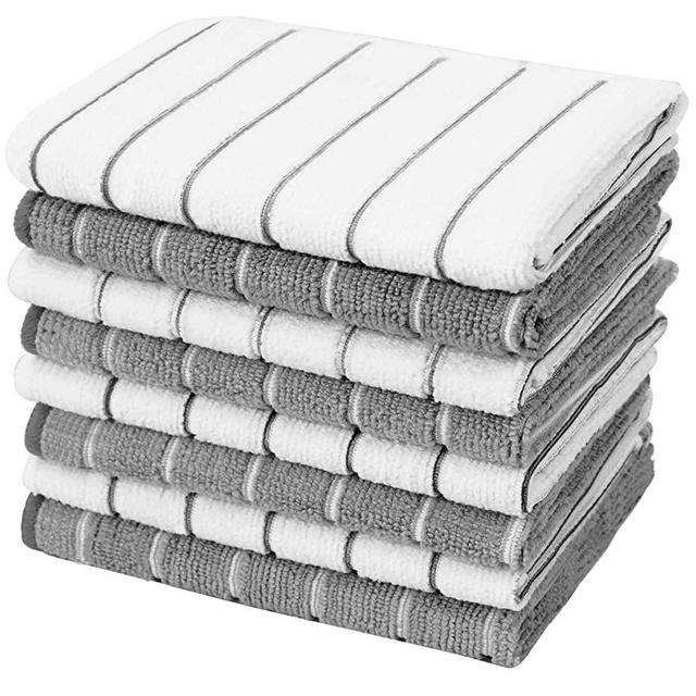 Gryeer Microfiber Dish Cloths, Stripe Designed, Soft and Super Absorbent Kitchen Cleaning Cloths, Pack of 8, 12 x 12 Inch, Gray and White